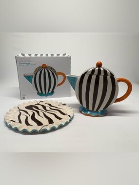 RARE La Côte Blue Brûlée Set: Oversized Teapot (NIB) Matching Ruffled PlatterNEW